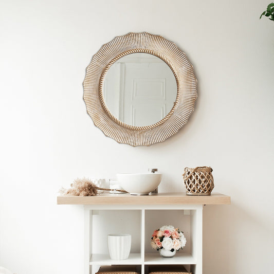 Miroir mural décoratif rond en bois de style bohème beige de 30 po pour salle de bain